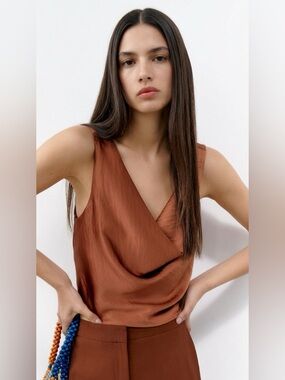 Zara brown satin draped tank NWT
